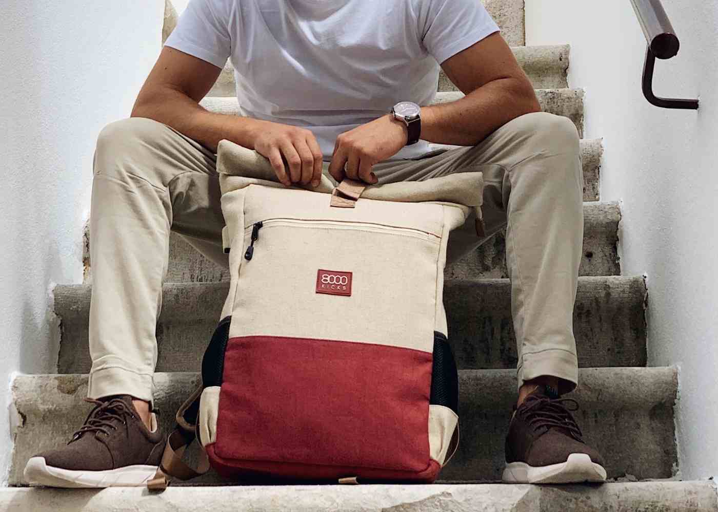 Sac à dos en chanvre waterproof - Beige and Red - Image 6